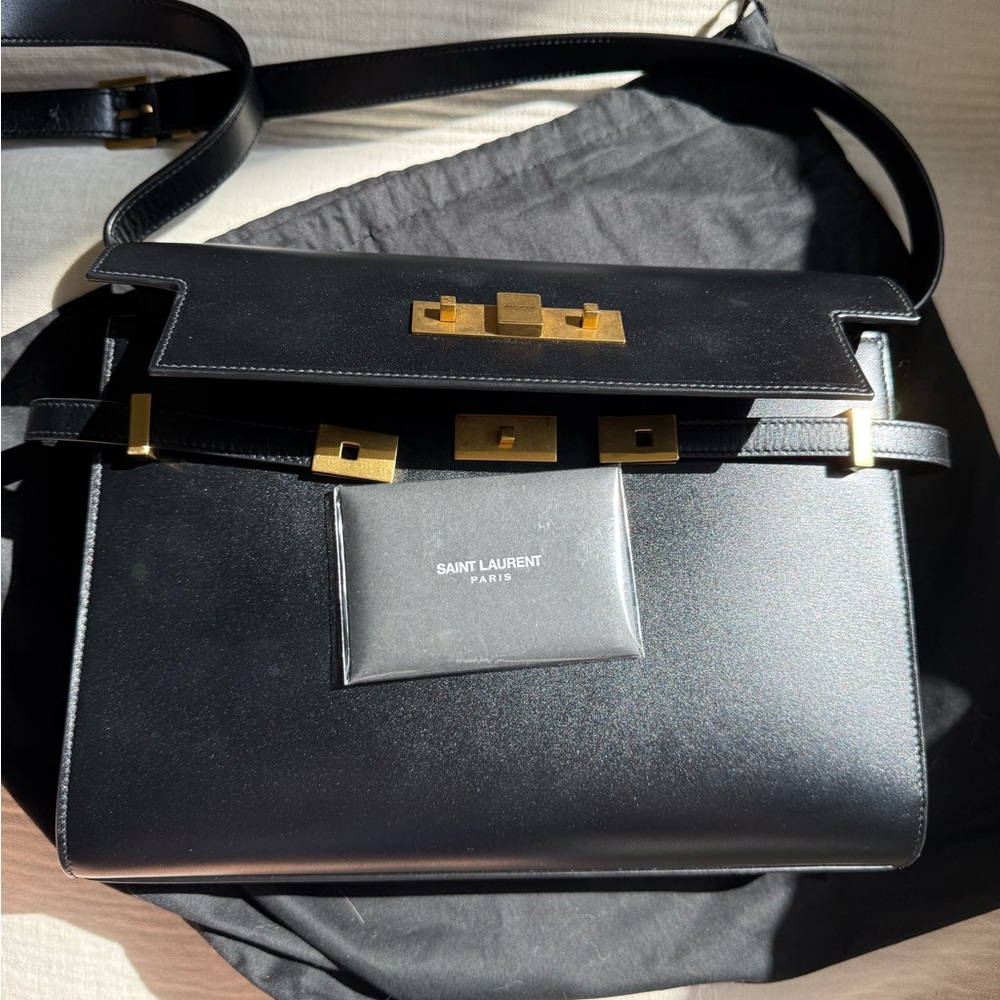 Saint Laurent Black Leather Satchel with Gold Accents